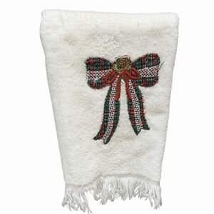 Vintage Franco Christmas Hand Towel White Terry Plaid Bow Fringe Bathroom Decor